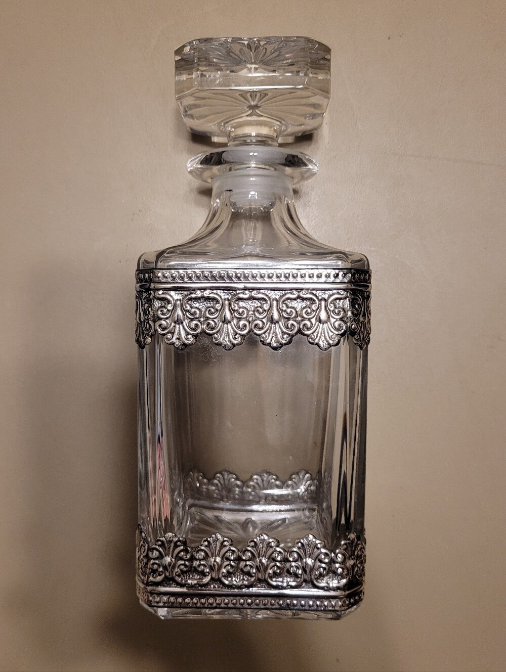 Vintage Glass Decanter with Ornate Silver Metal Overlay. - Picture 1 of 9